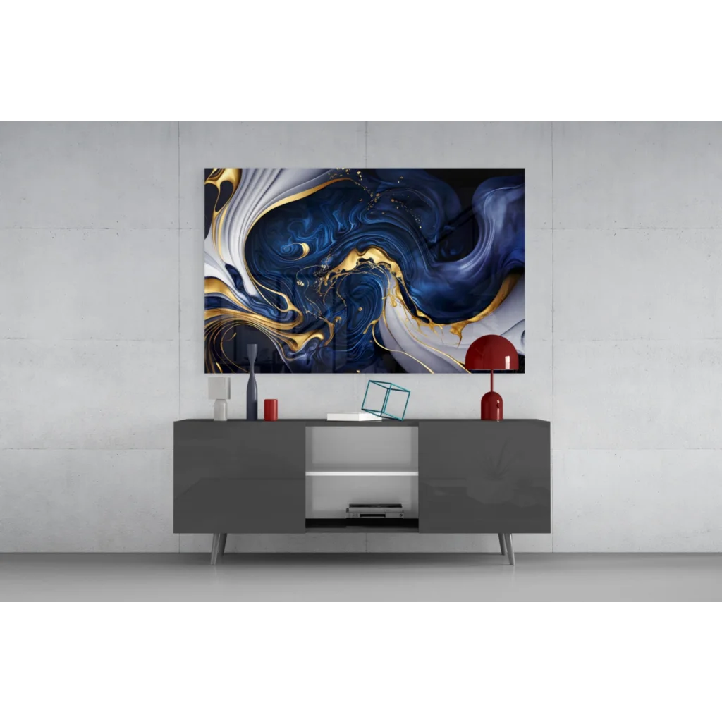 Modern navy blue gold swirl abstract canvas wall art