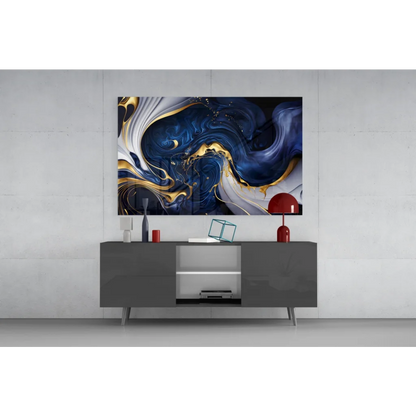 Modern navy blue gold swirl abstract canvas wall art