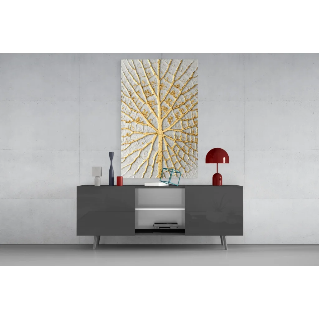 Golden Tree textured wall art canvas with leaf design on white background