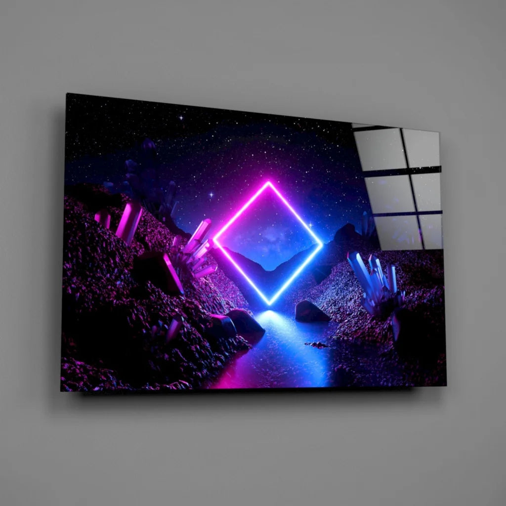 Vibrant neon diamond frame in pink blue glow on cosmic crystals tempered glass wall art