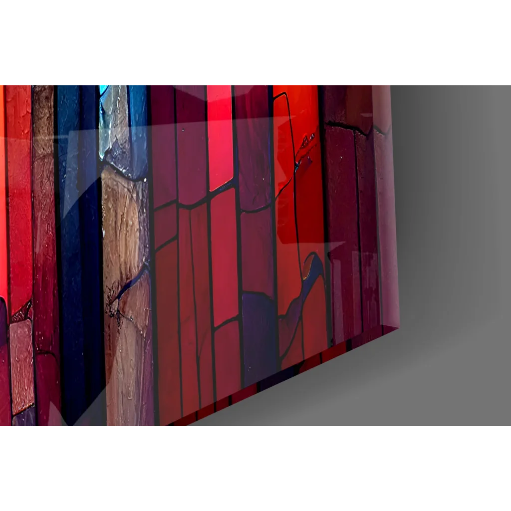 Vibrant rainbow stained glass wall art with bold red, blue, purple stripes