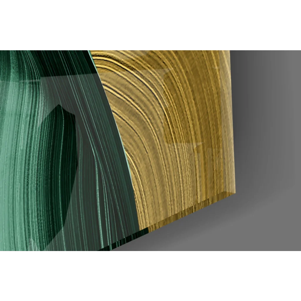 Sleek green gold swirl glass wall art vase on canvas