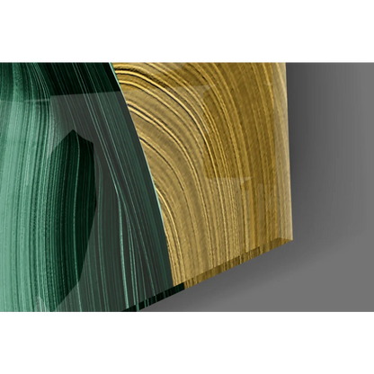 Sleek green gold swirl glass wall art vase on canvas