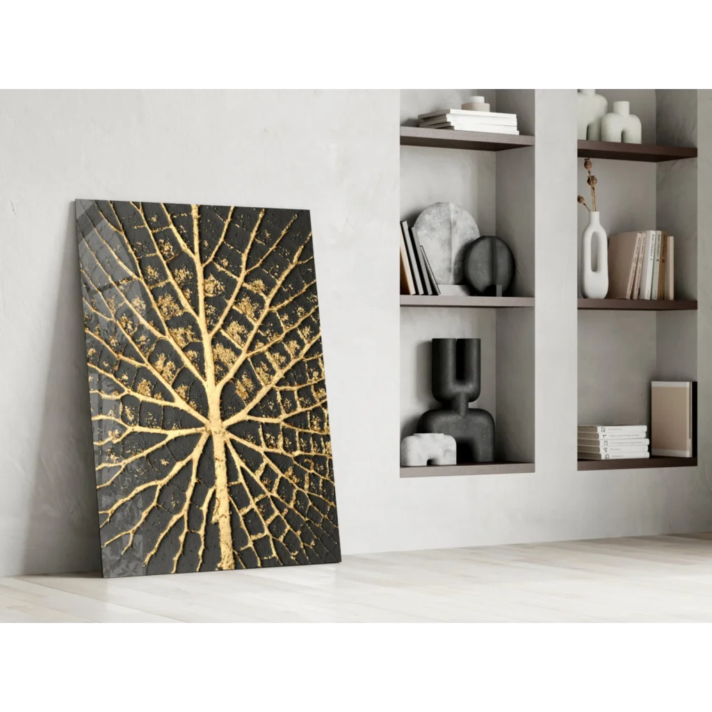 Stunning black gold leaf abstract art glass wall piece with golden tree