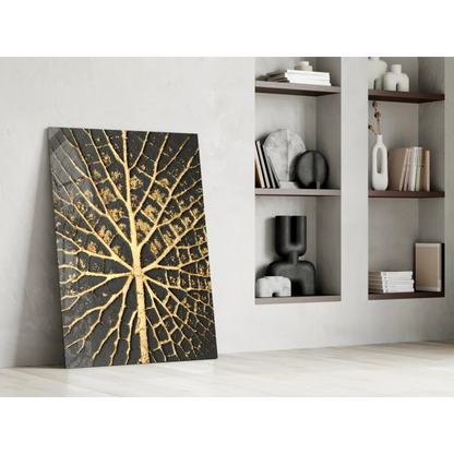 Stunning black gold leaf abstract art glass wall piece with golden tree