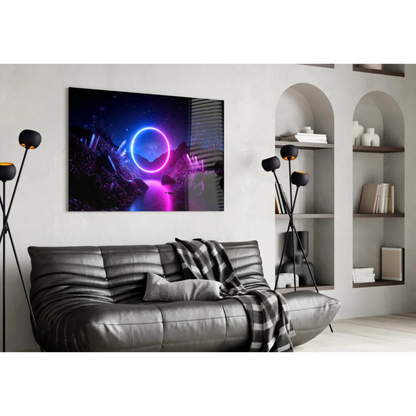 Neon blue pink glowing ring on dark futuristic landscape, tempered glass wall art