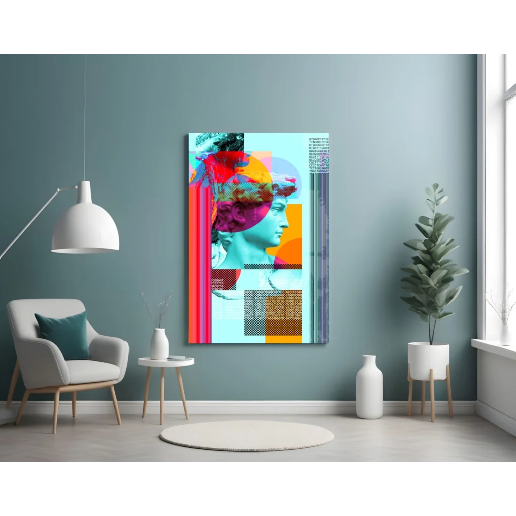 Vibrant teal classical bust in neon glass wall art with bold red geometry