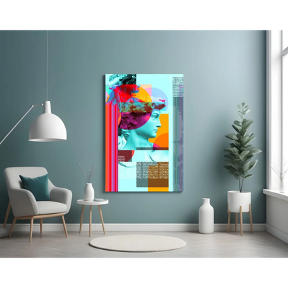 Vibrant teal classical bust in neon glass wall art with bold red geometry