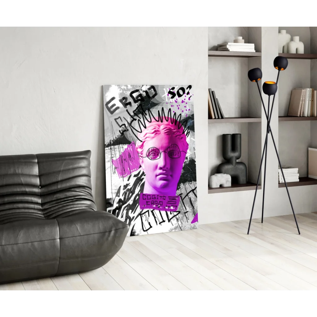 Vibrant pink black graffiti bust with glasses on glass wall art canvas