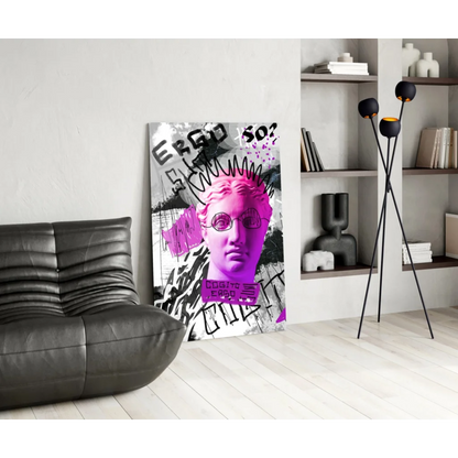 Vibrant pink black graffiti bust with glasses on glass wall art canvas