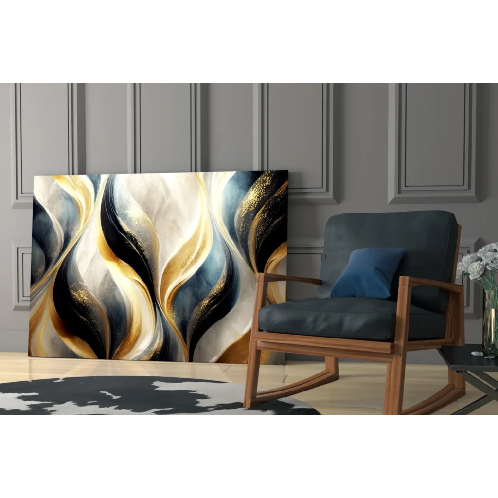 Luxe Gold Wave abstract canvas wall art with metallic shimmer