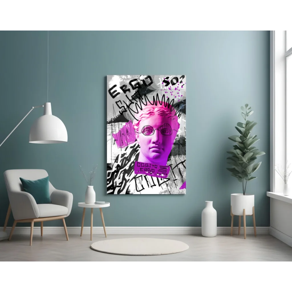 Vibrant pink purple graffiti bust with glasses glass wall art canvas print