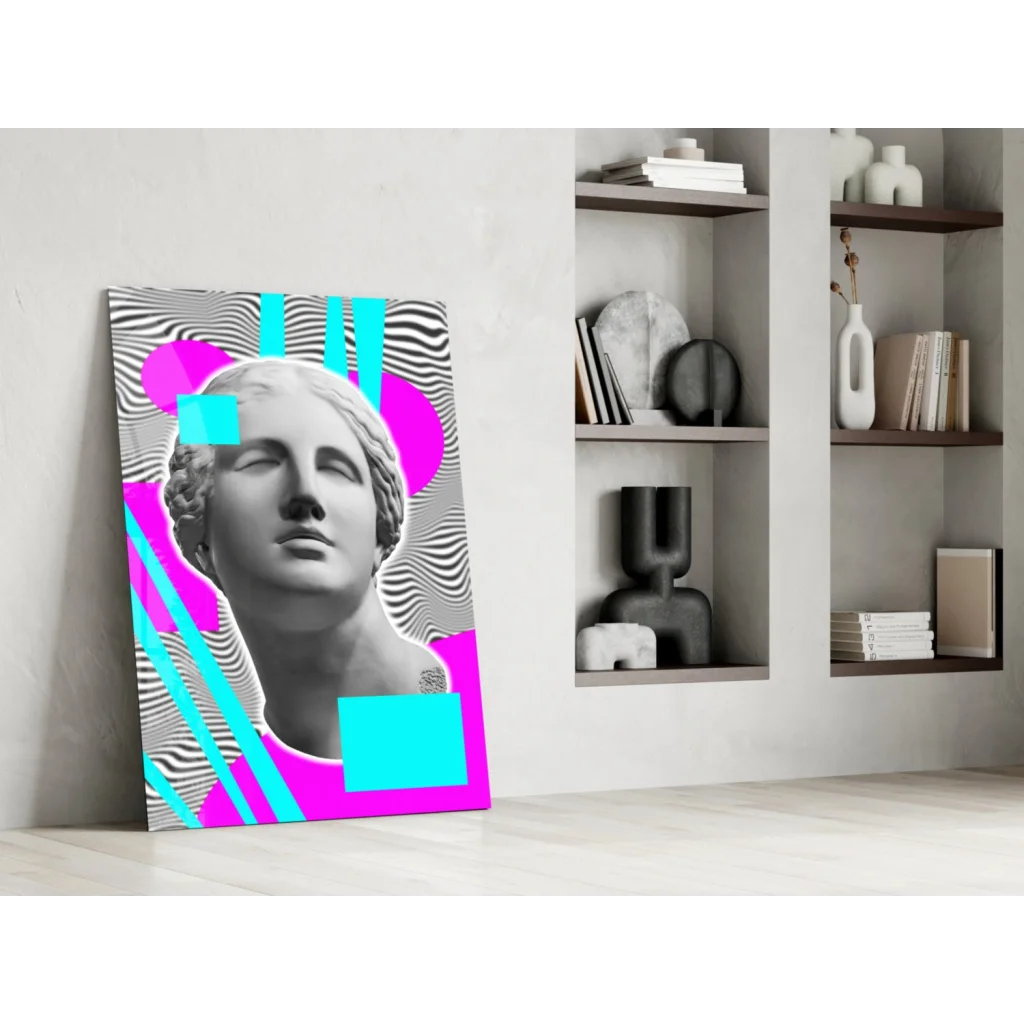 Vibrant pop art glass wall art with grayscale marble bust and neon pink cyan patterns