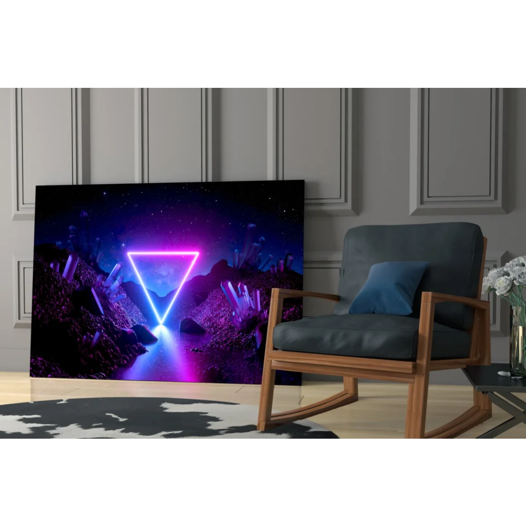 Vibrant neon triangle glass wall art with purple blue cosmic crystals