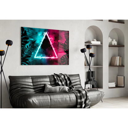 Neon triangle glass wall art with glowing cyan magenta edges on tropical leaves