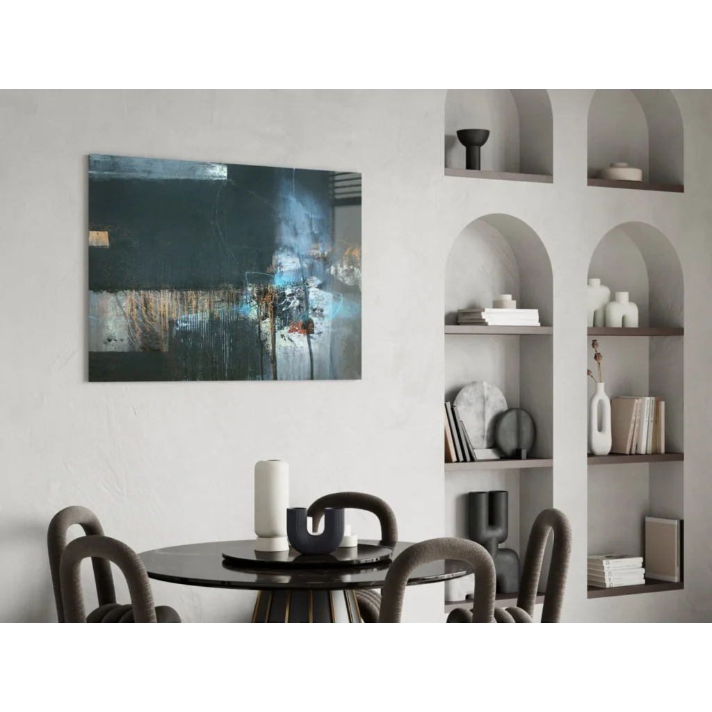 Bold abstract canvas wall art with dark blue brushstrokes and gold accents