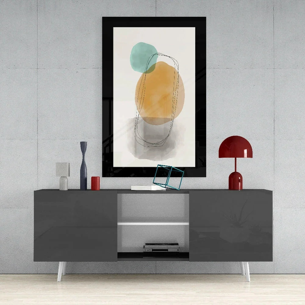 Modern abstract teal ochre watercolor wall art print in black frame