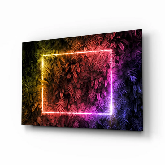 Neon rainbow glow glass wall art with tropical ferns