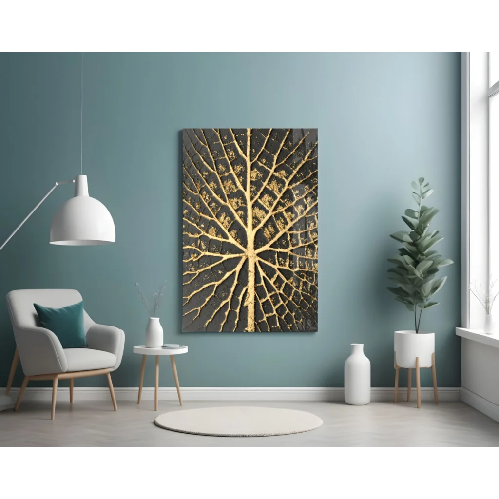 Stunning black gold leaf abstract art glass wall piece on teal wall