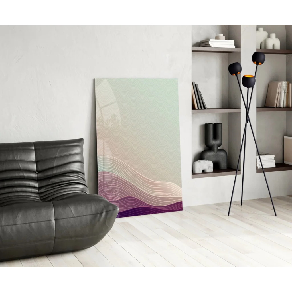 Dreamy purple mint gradient glass wall art with flowing waves