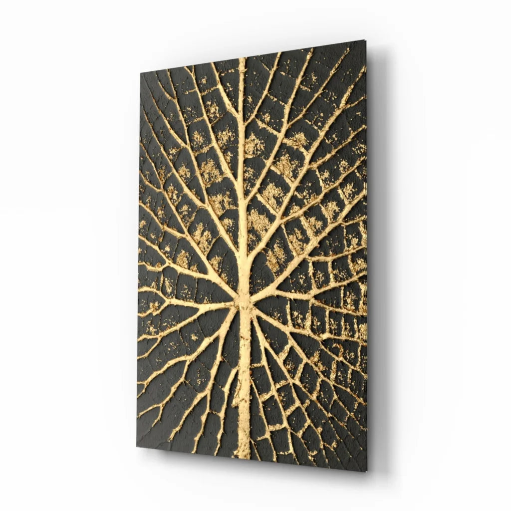 Stunning black gold leaf abstract art glass wall piece with textured leaf veins