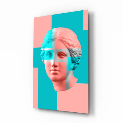 Modern geometric marble bust wall art canvas print in pink and teal