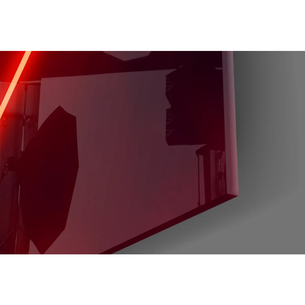 Sleek red glass wall art print with reflective monitor design