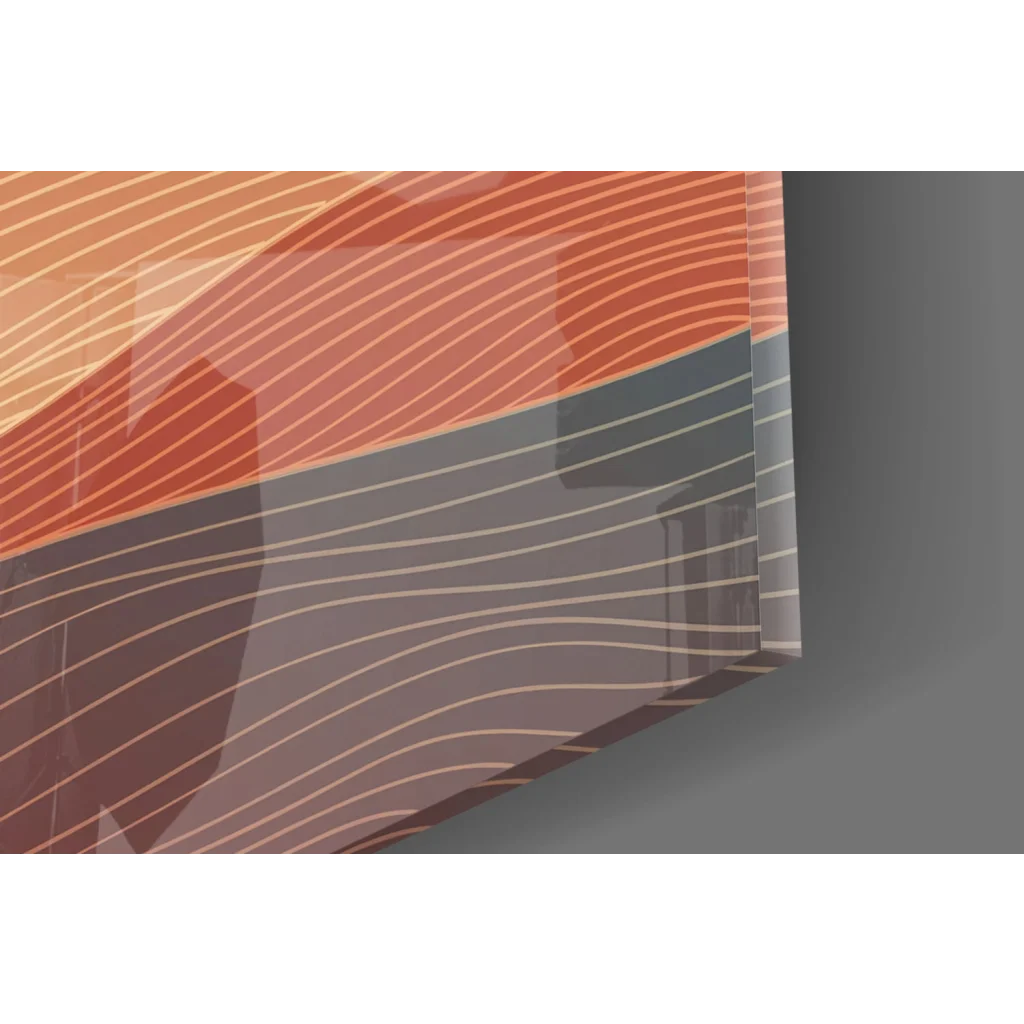 Sleek flowing waves glass wall art in warm orange and gray tones