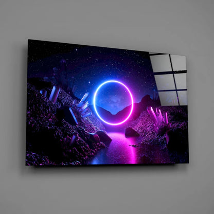 Neon purple blue glowing ring on tempered glass wall art under starry sky