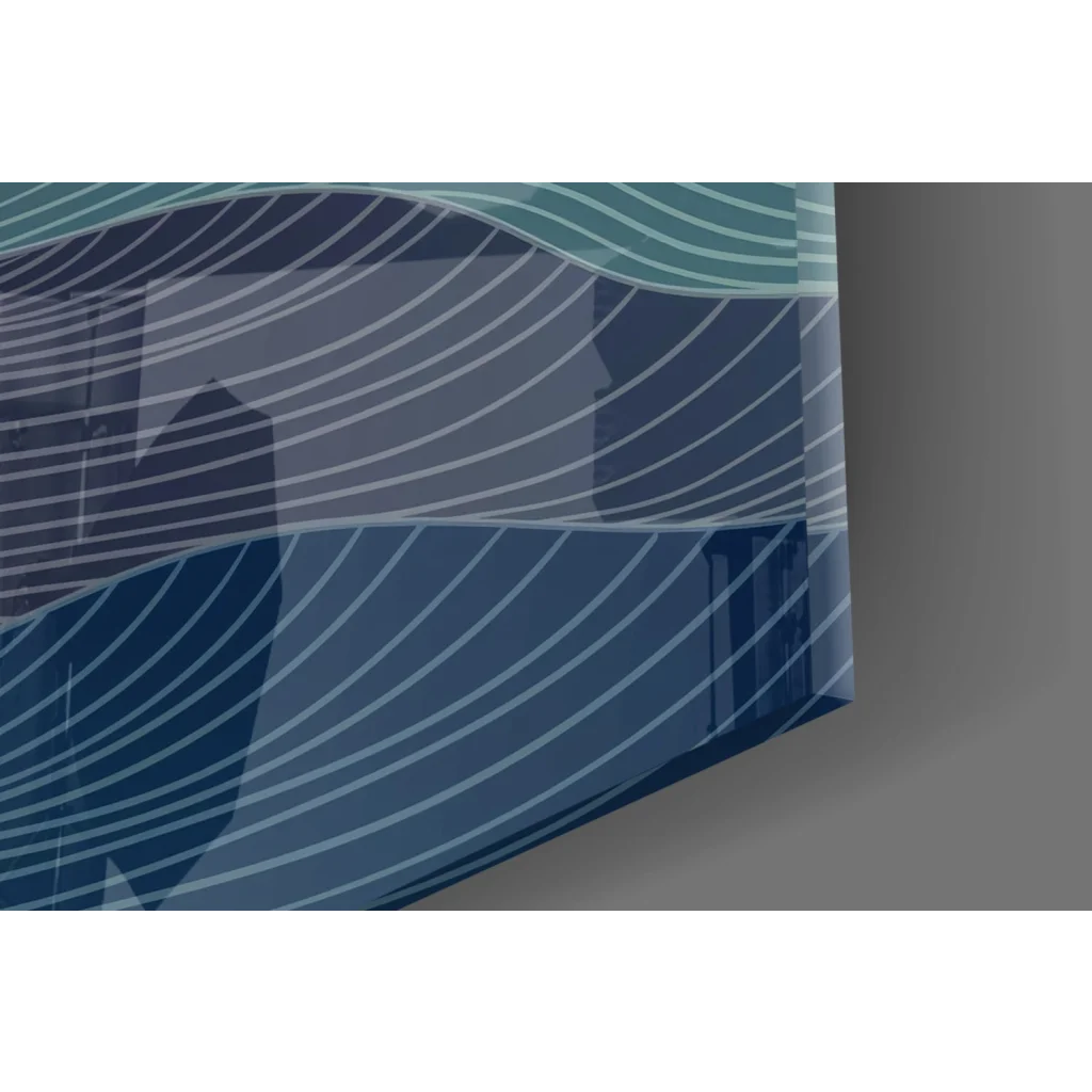 Stunning teal wave glass wall art panel with translucent blue stripes