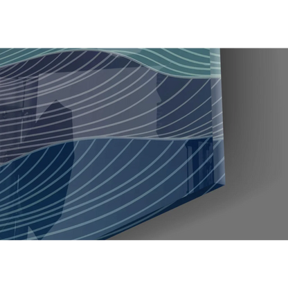 Stunning teal wave glass wall art panel with translucent blue stripes