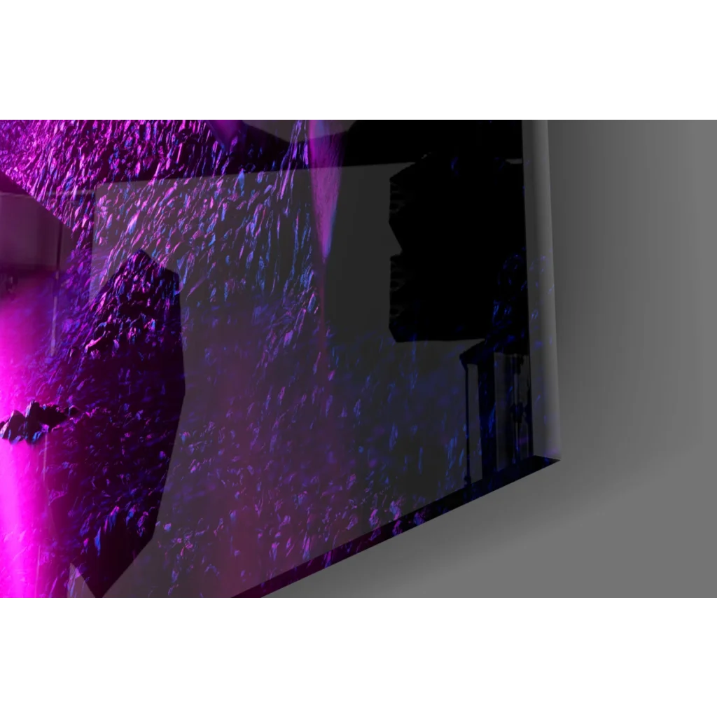 Sleek angular monitor on neon crystal ring tempered glass wall art with purple blue abstract patterns