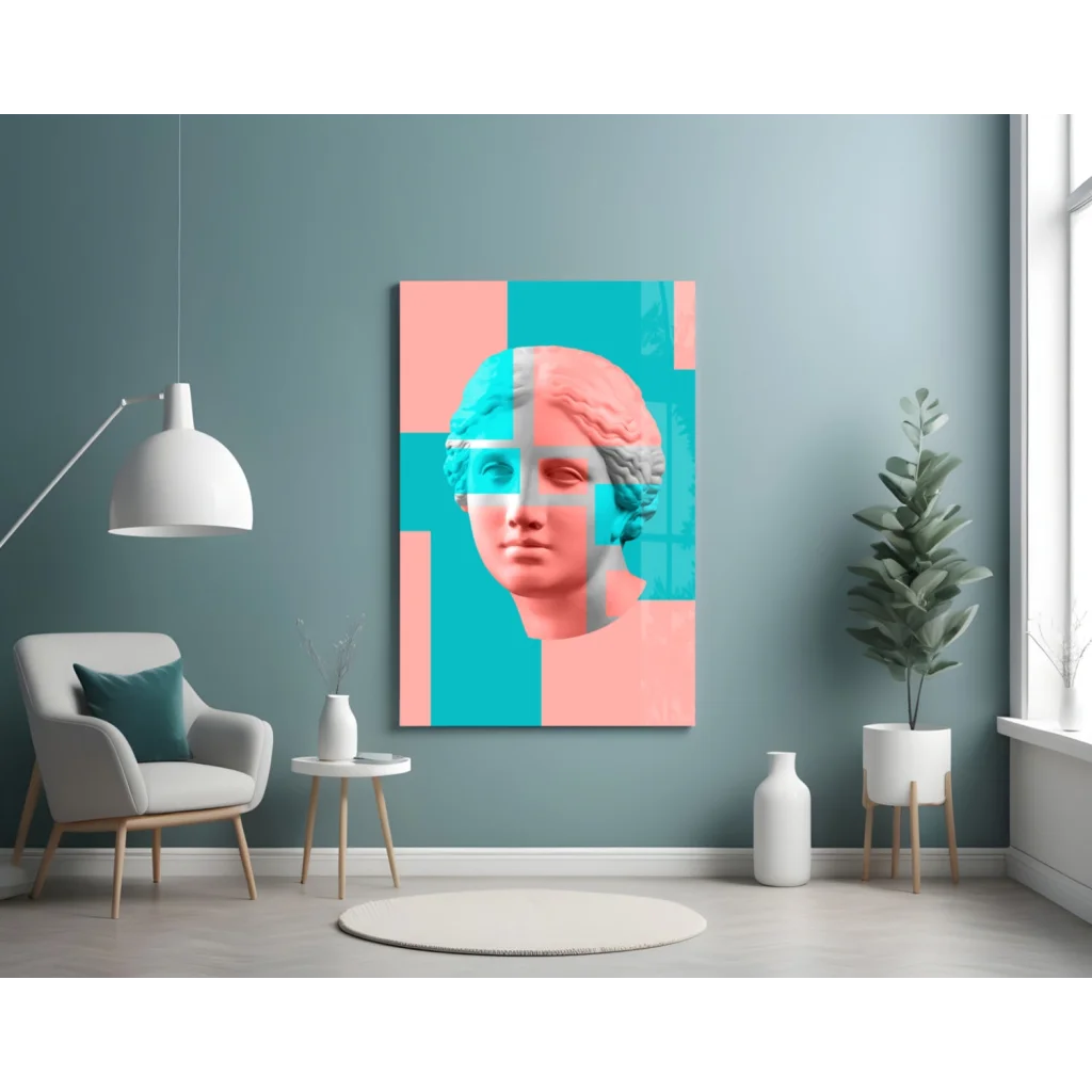 Vibrant pop-art geometric marble bust wall art canvas in pink and teal