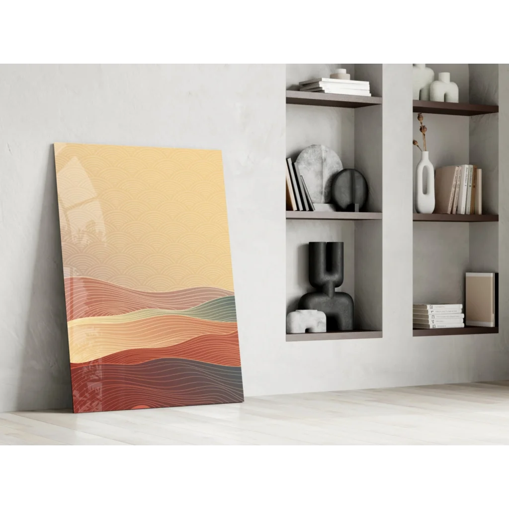 Flowing Waves abstract glass wall art in warm ochre and terracotta tones