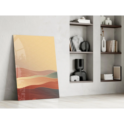 Flowing Waves abstract glass wall art in warm ochre and terracotta tones