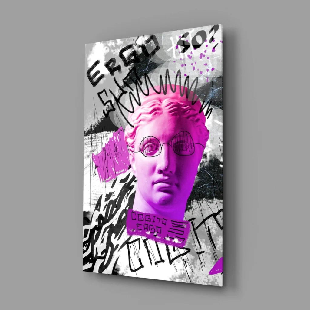 Vibrant pink purple graffiti bust with glasses glass wall art canvas print