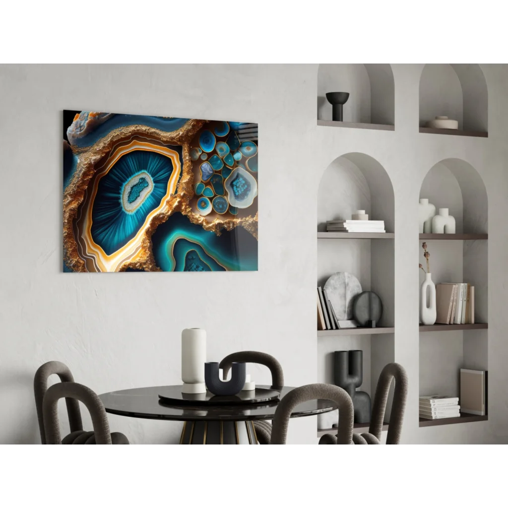 Vibrant blue and gold agate geode glass wall art print on wall