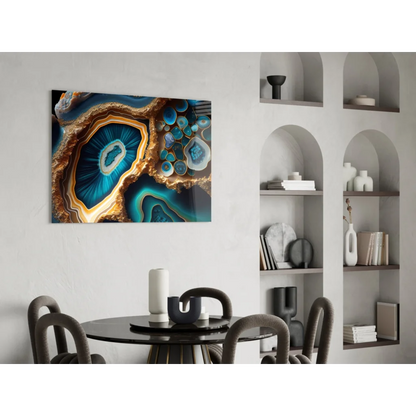 Vibrant blue and gold agate geode glass wall art print on wall