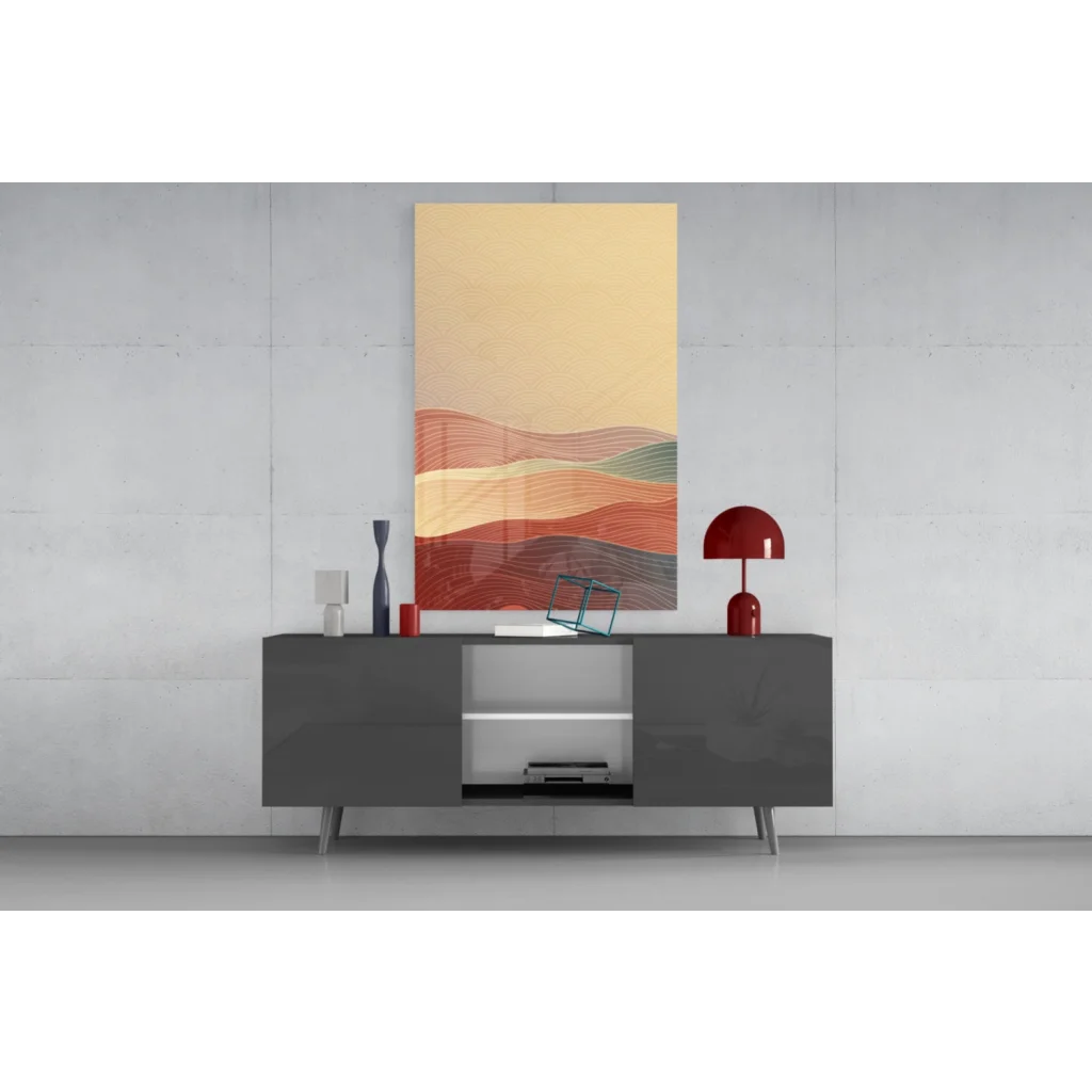 Modern flowing waves glass wall art in warm orange red tones