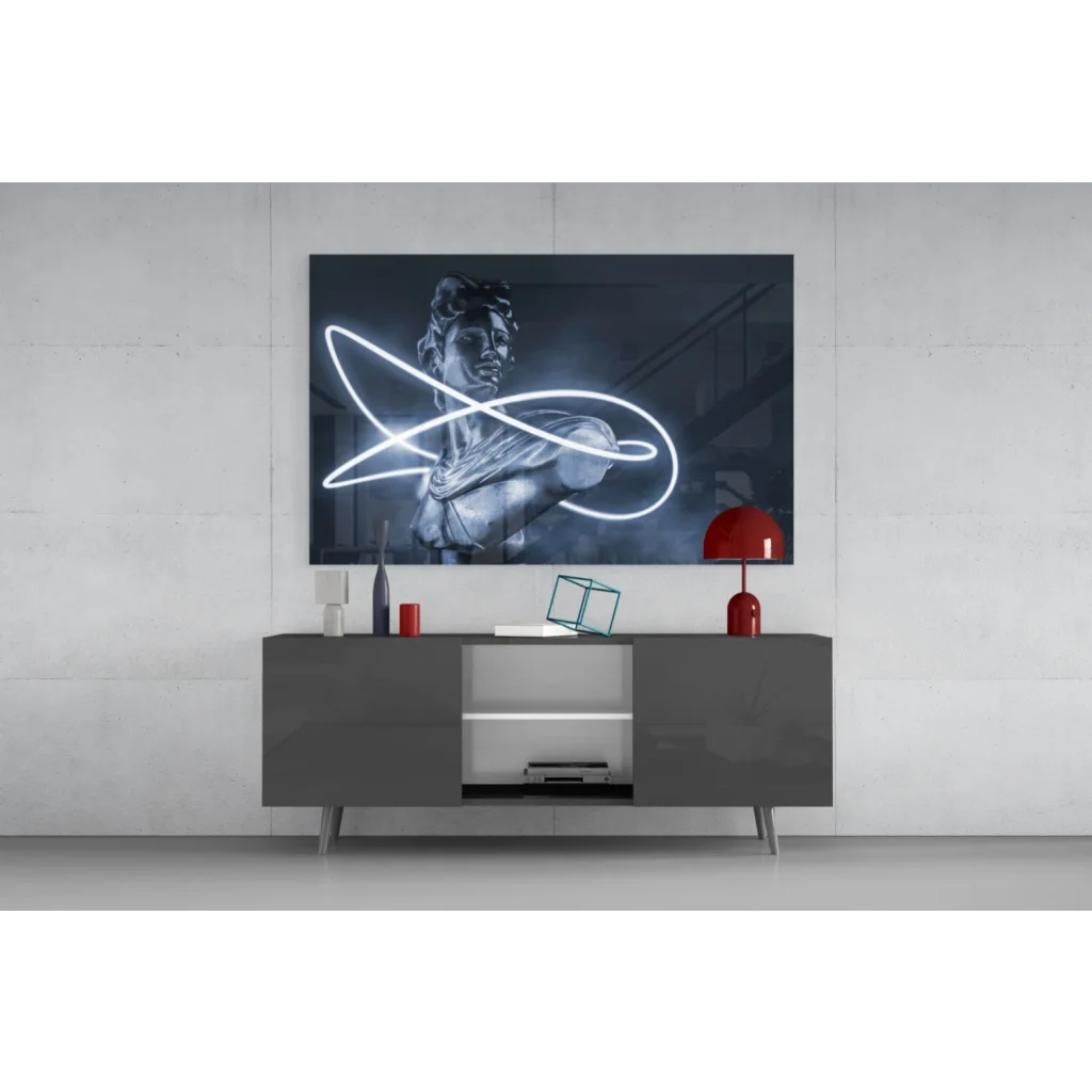 Glowing neon infinity statue on black-and-white canvas wall art