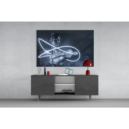 Glowing neon infinity statue on black-and-white canvas wall art
