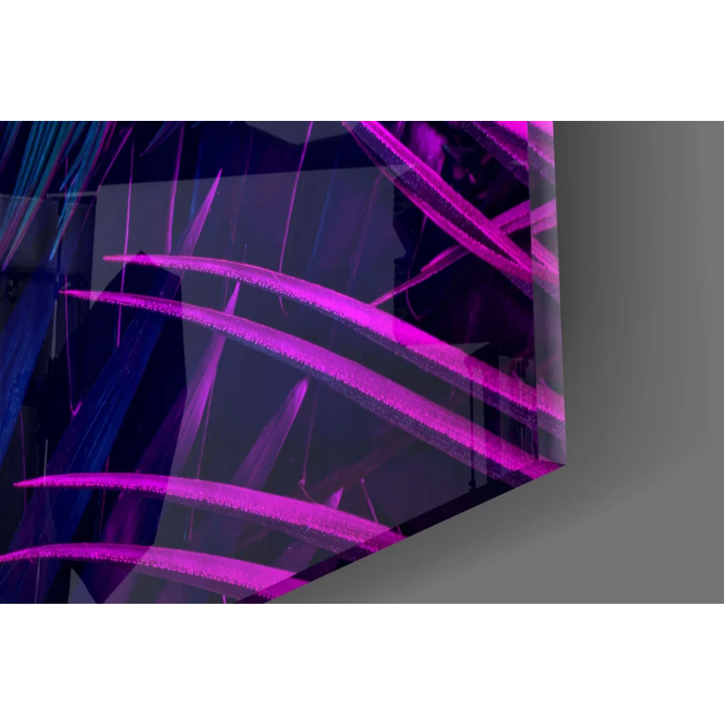 Vibrant neon tropical leaf glass wall art in electric blue and purple
