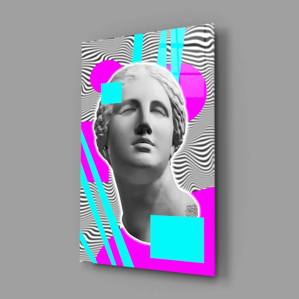 Vibrant pop art marble bust glass wall art with neon geometric design
