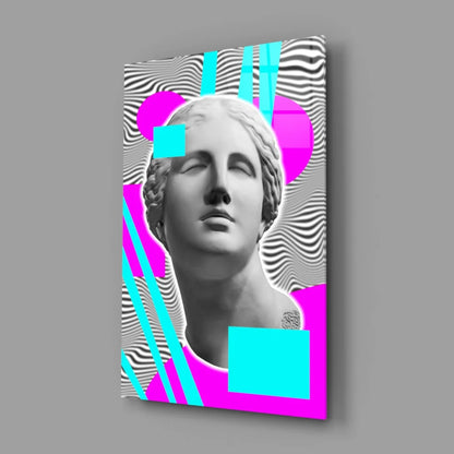 Vibrant pop art marble bust glass wall art with neon geometric design