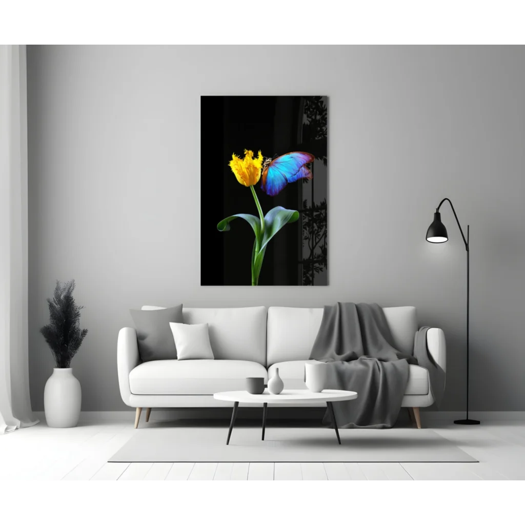 Vibrant yellow tulip with blue purple butterfly on glass wall art