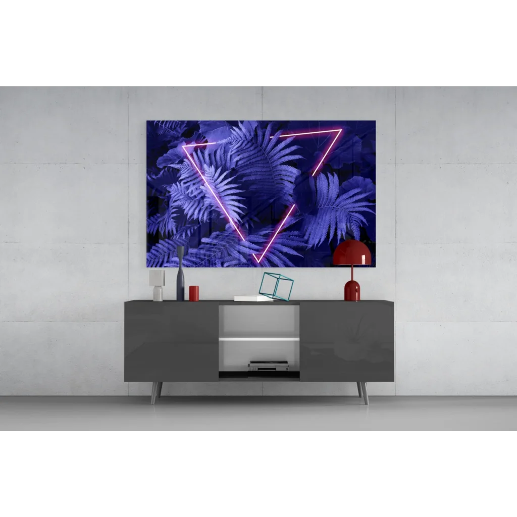 Vibrant neon pink triangle over blue fern glass wall art print