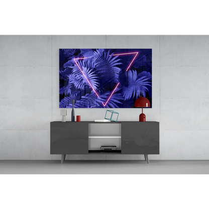Vibrant neon pink triangle over blue fern glass wall art print