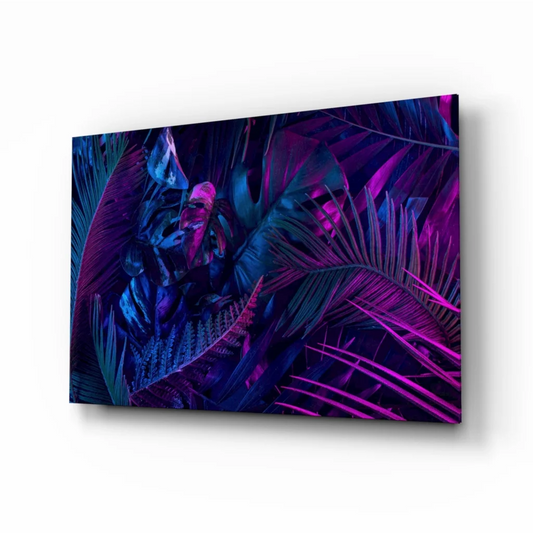 Vibrant neon purple electric blue tropical leaf glass wall art