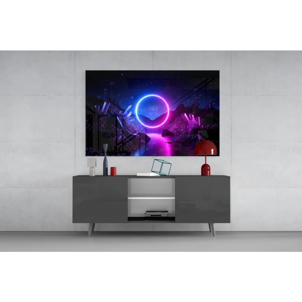 Sleek gray console table with glossy tempered glass wall art print