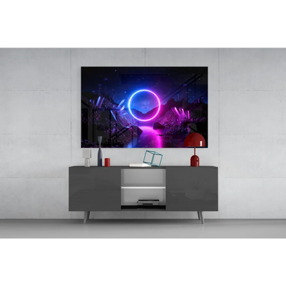 Sleek gray console table with glossy tempered glass wall art print